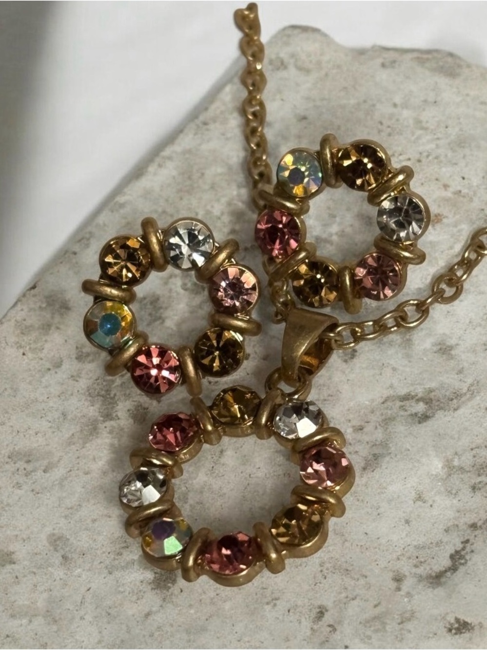 Gold-Tone Crystal Wreath Necklace & Earrings Set in Pink, Lavender & Clear